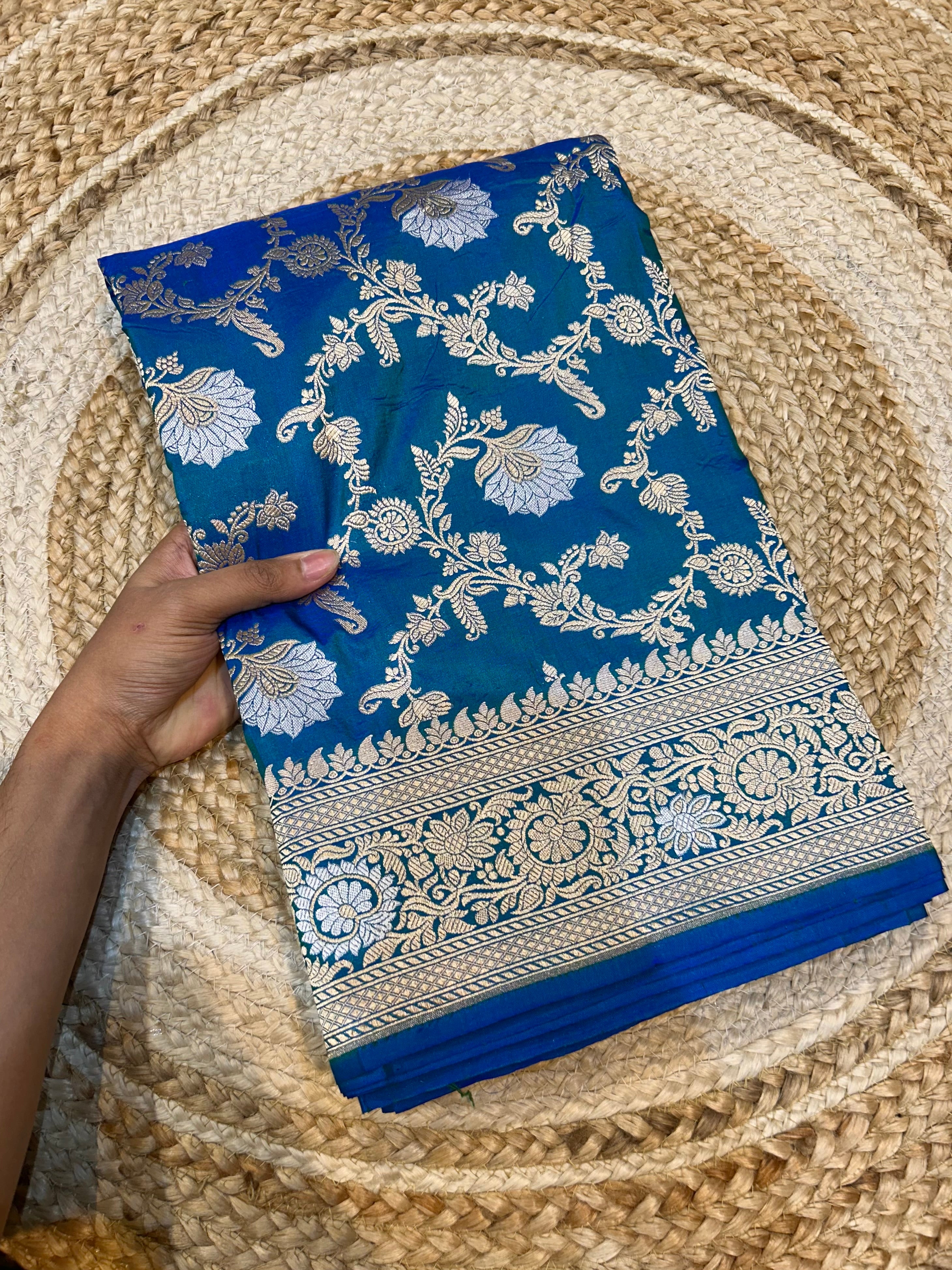 Dual Shade Peacock Blue 100% Pure Banarasi Katan Silk Meenakari Saree