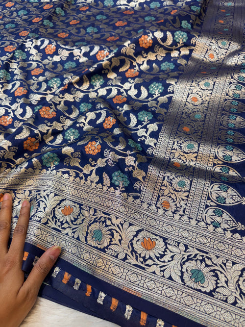 Dark Blue Banarasi SemiKatan Silk Partywear Saree