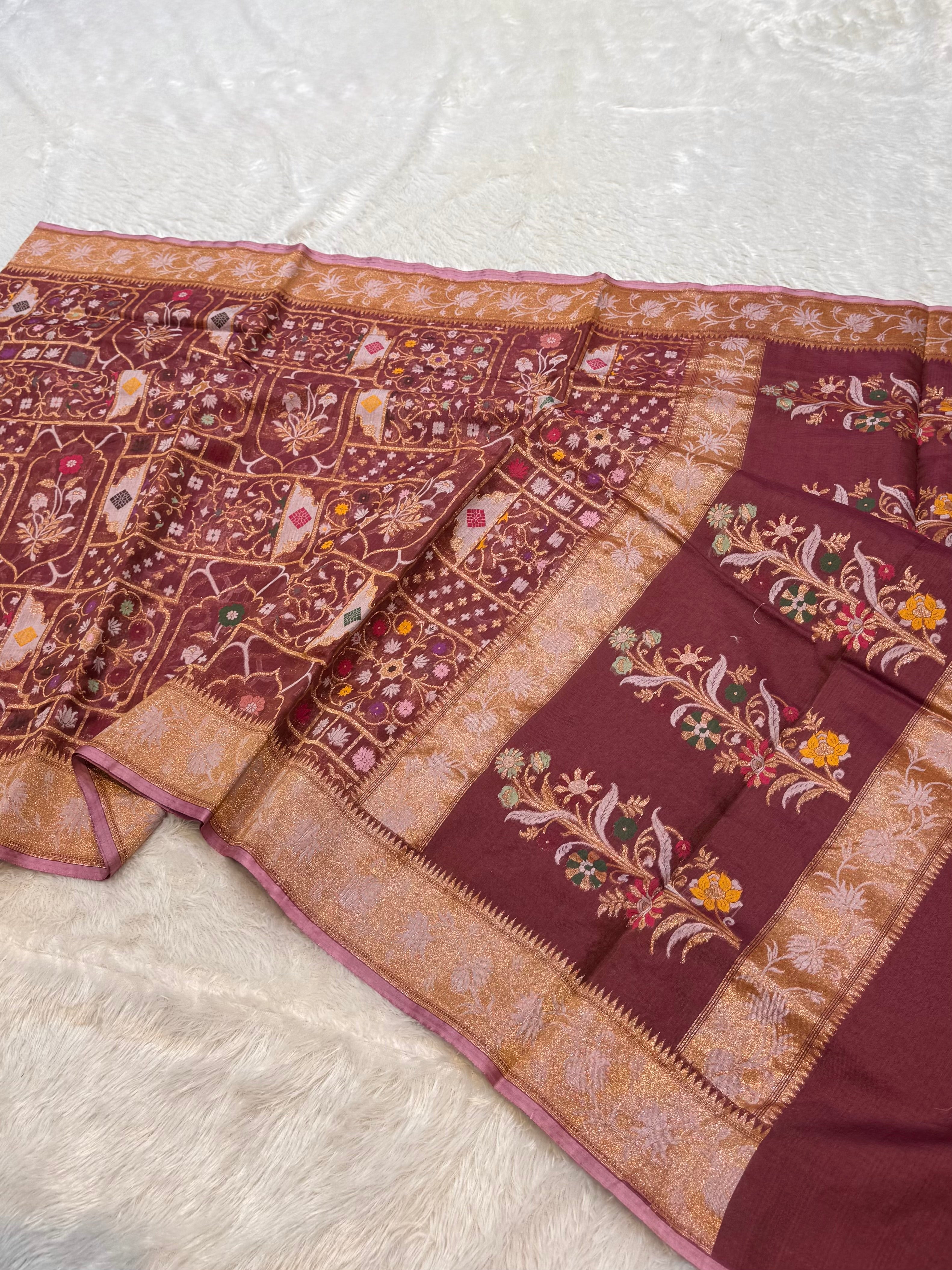 Maroon 100% Pure Ektara Banarasi Cotton Jamdani Saree
