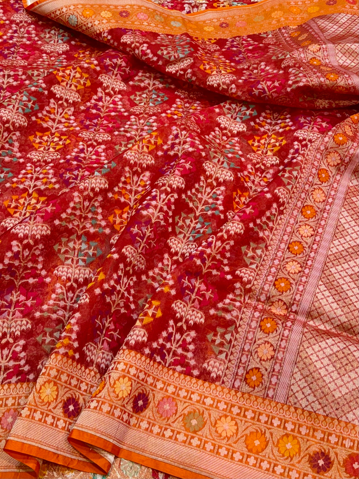 Red Pure Handloom Banarasi Ektara Kora Jamdani Saree