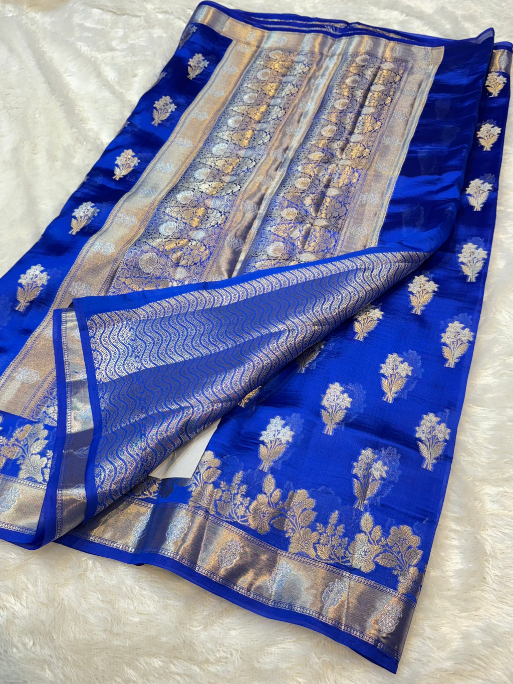Royal Blue 100% Pure Banarasi Raw Mango Silk Saree