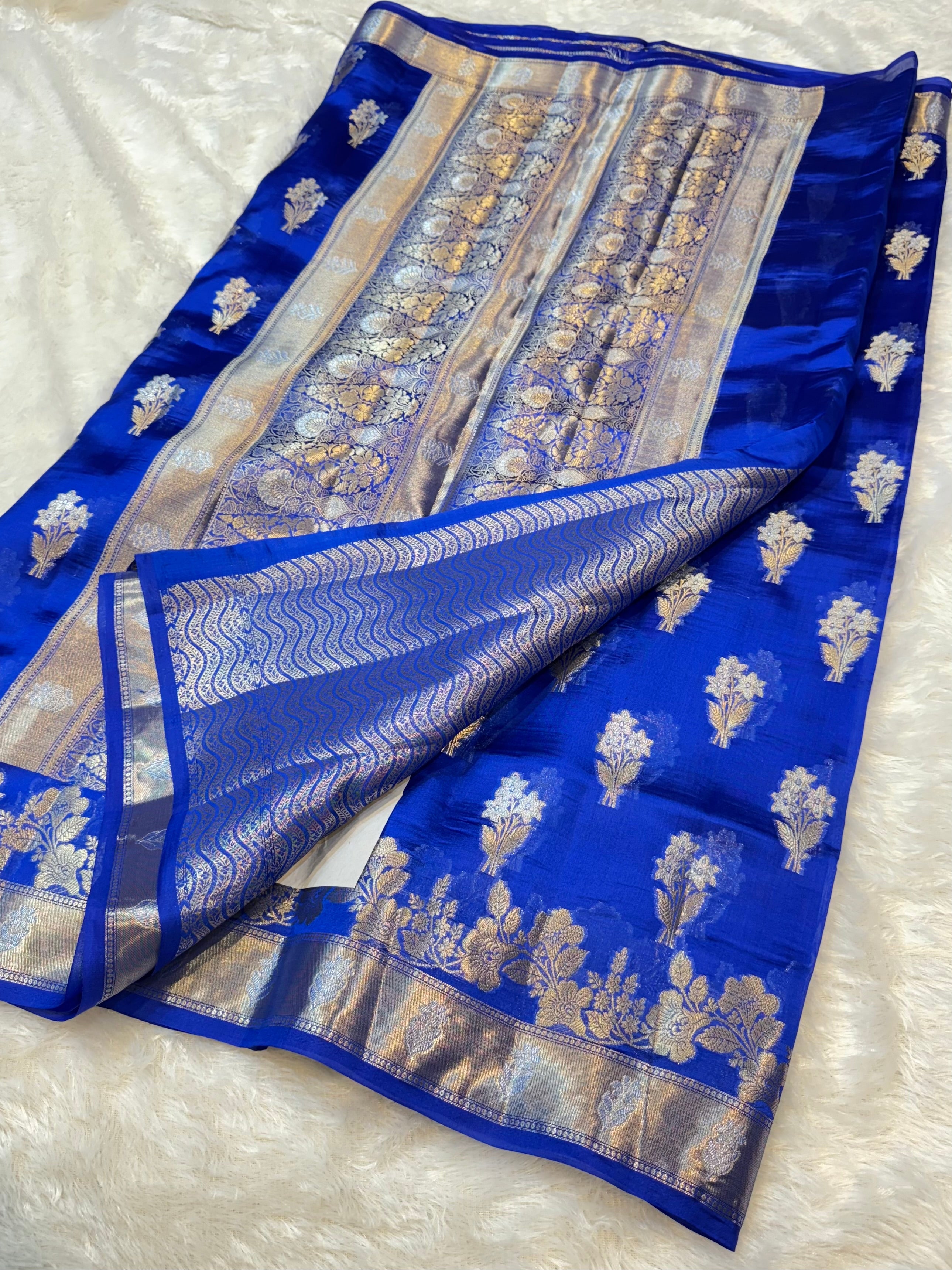Royal Blue 100% Pure Banarasi Raw Mango Silk Saree