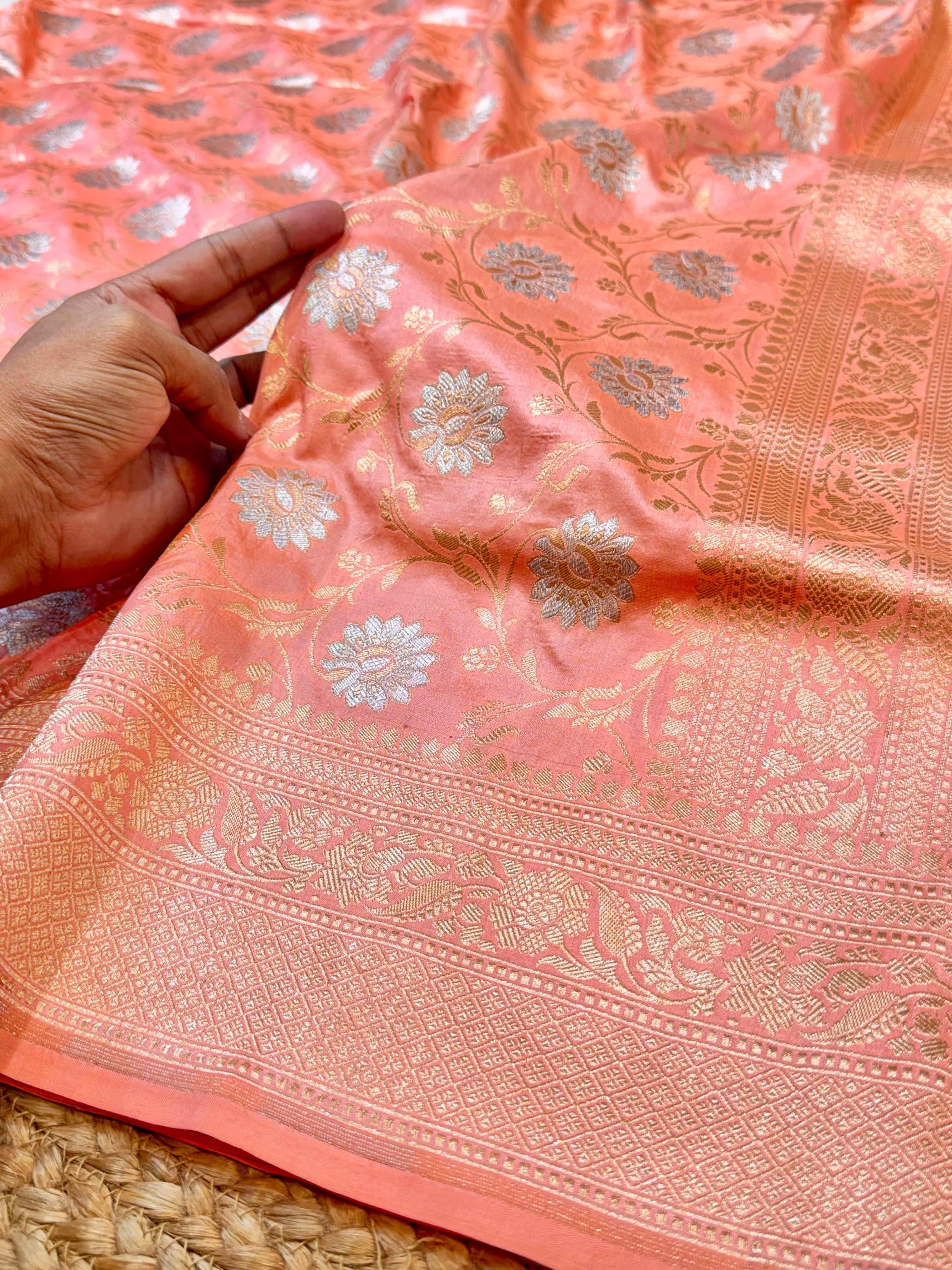 Pastel Peach 100% Pure Banarasi Katan Silk Meenakari Saree