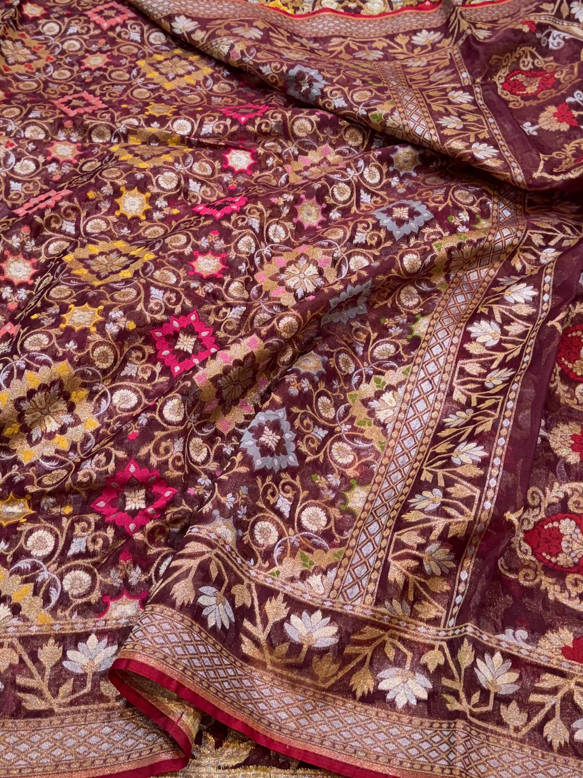 Prebook | Brown Pure Banarasi Ektara Kora Jamdani Saree