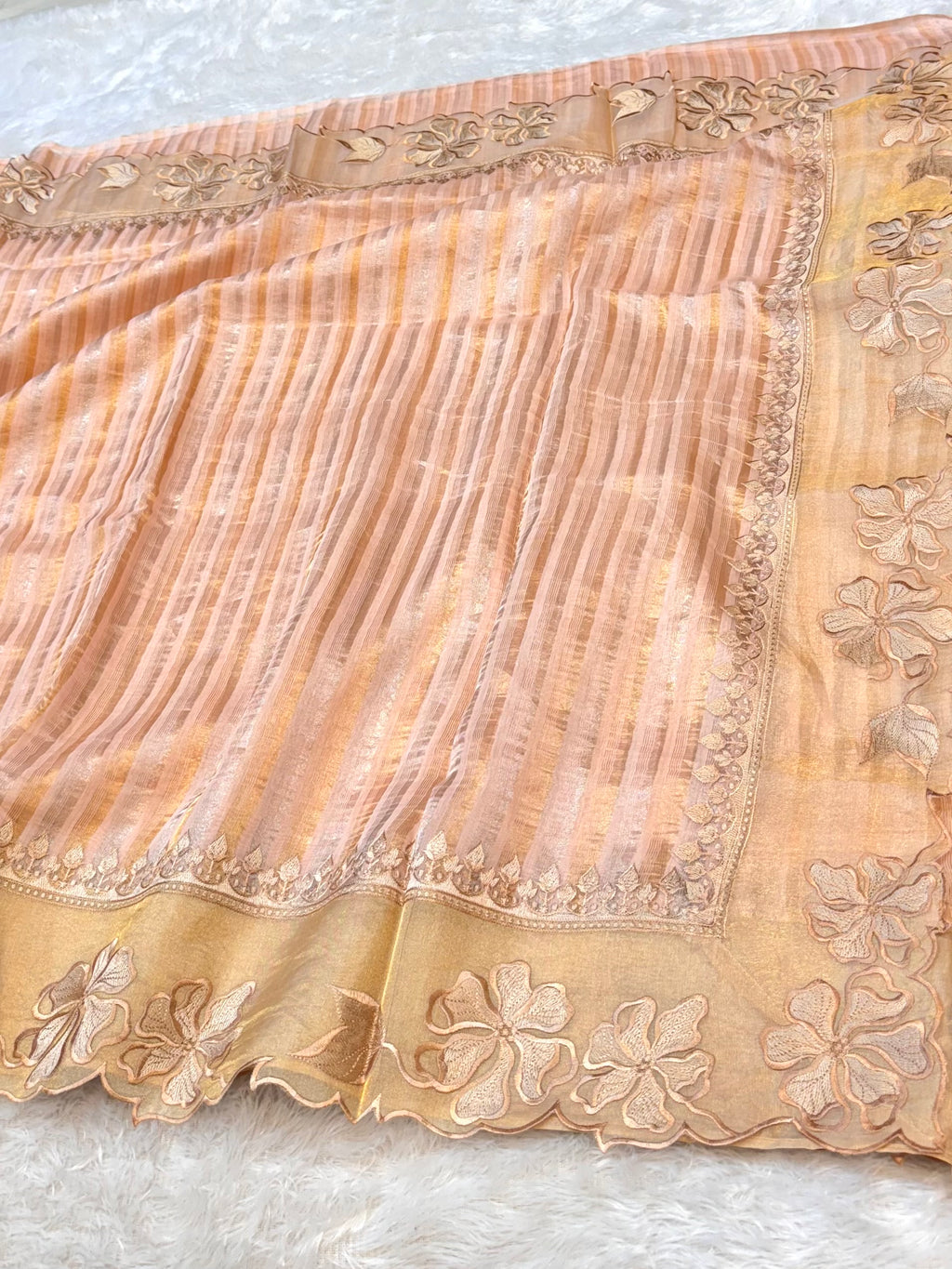 Pastel Peach 100% Pure Handloom Stripes Tissue Silk Partywear Banarasi Embroidery Lightweight Sarees