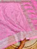 Baby Pink 100% Pure Khaddi Georgette Silver Zari ChikanKari Handloom Saree