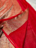 Red 100% Pure Banarasi Khaddi Georgette Stripes Saree