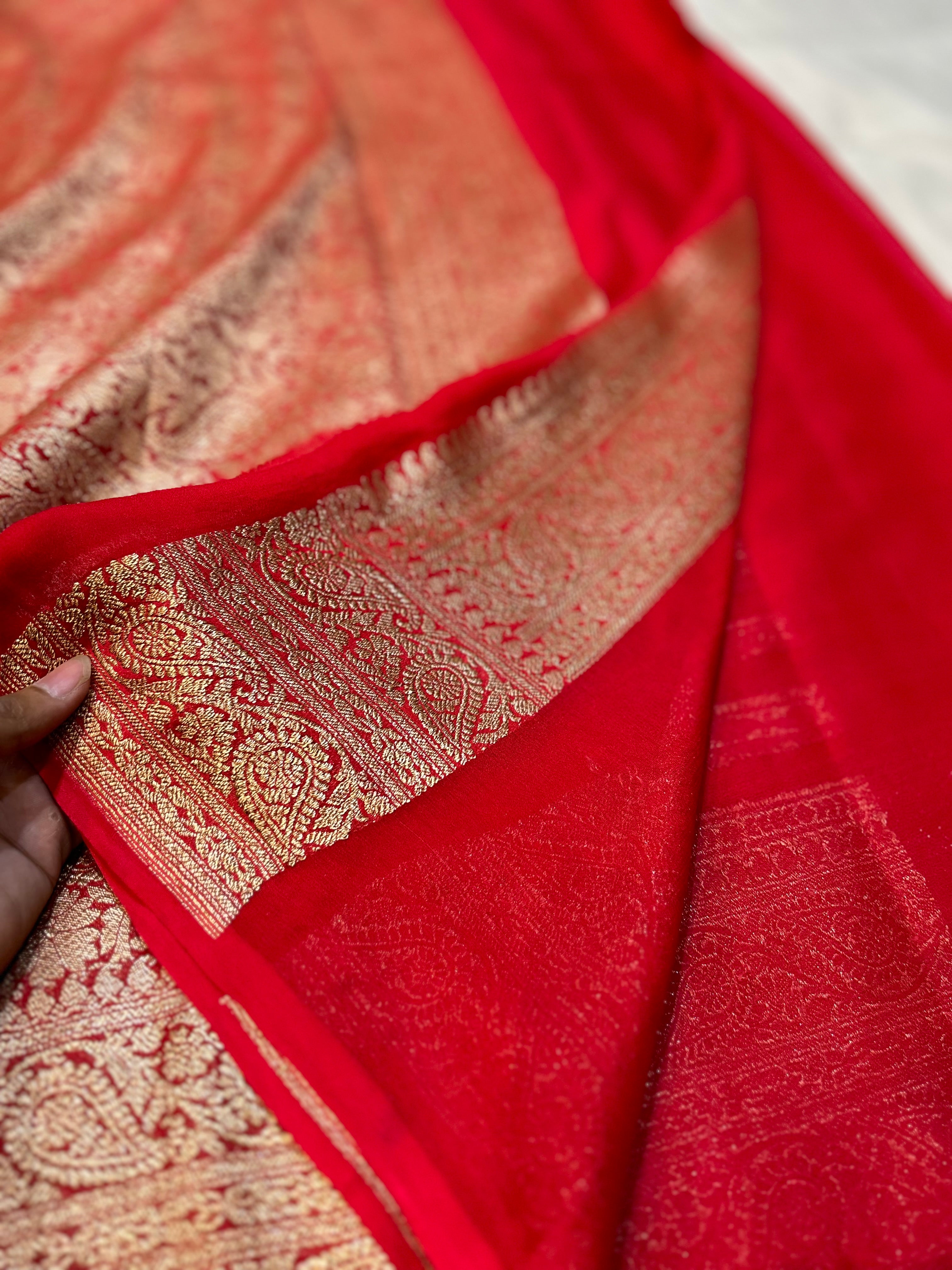 Red 100% Pure Banarasi Khaddi Georgette Stripes Saree