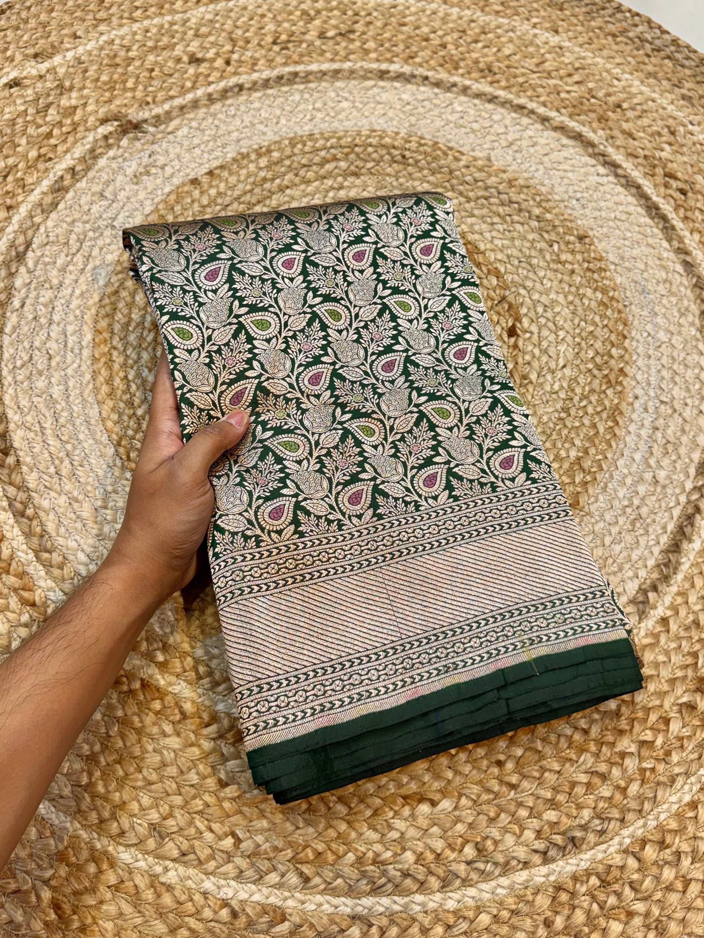 Bottle Green 100% Pure Banarasi Katan Silk Meenakari Brocade Saree