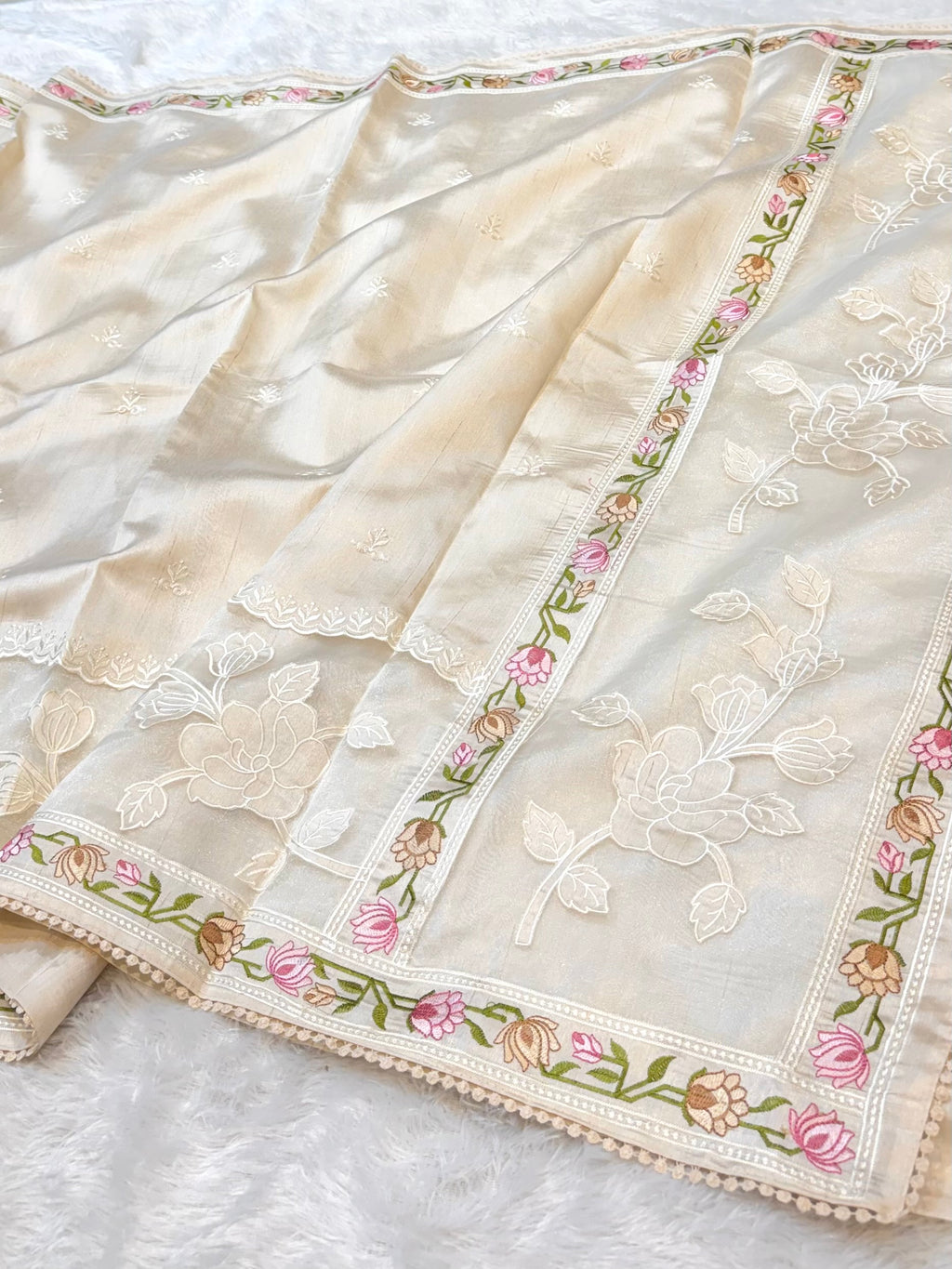 Beige Tussar Silk Partywear Banarasi Embroidery with Tissue Applique Lightweight Sarees