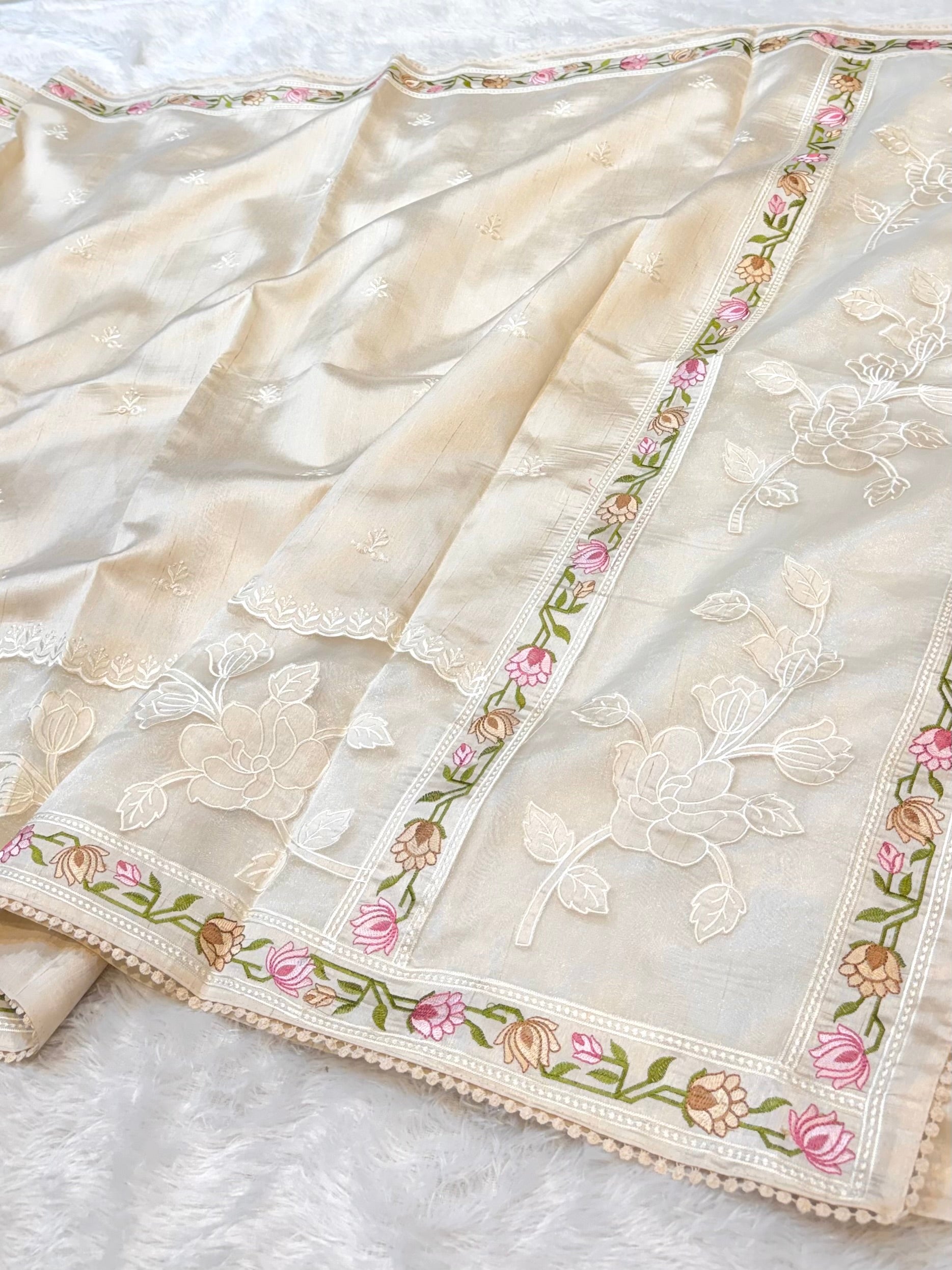 Beige Tussar Silk Partywear Banarasi Embroidery with Tissue Applique Lightweight Sarees