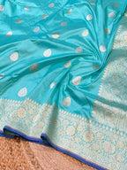 Cyan Blue 100% Pure Banaras Katan Silk Handloom Handwoven Pattu Saree