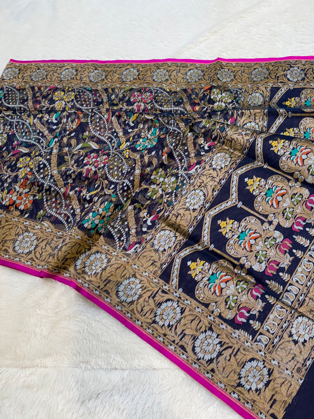 Dark Blue Pure Handloom Banarasi Ektara Kora Jamdani Saree