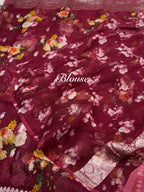 Maroon 100% Pure Khaddi Georgette Silver Zari Digital Print Handloom Saree