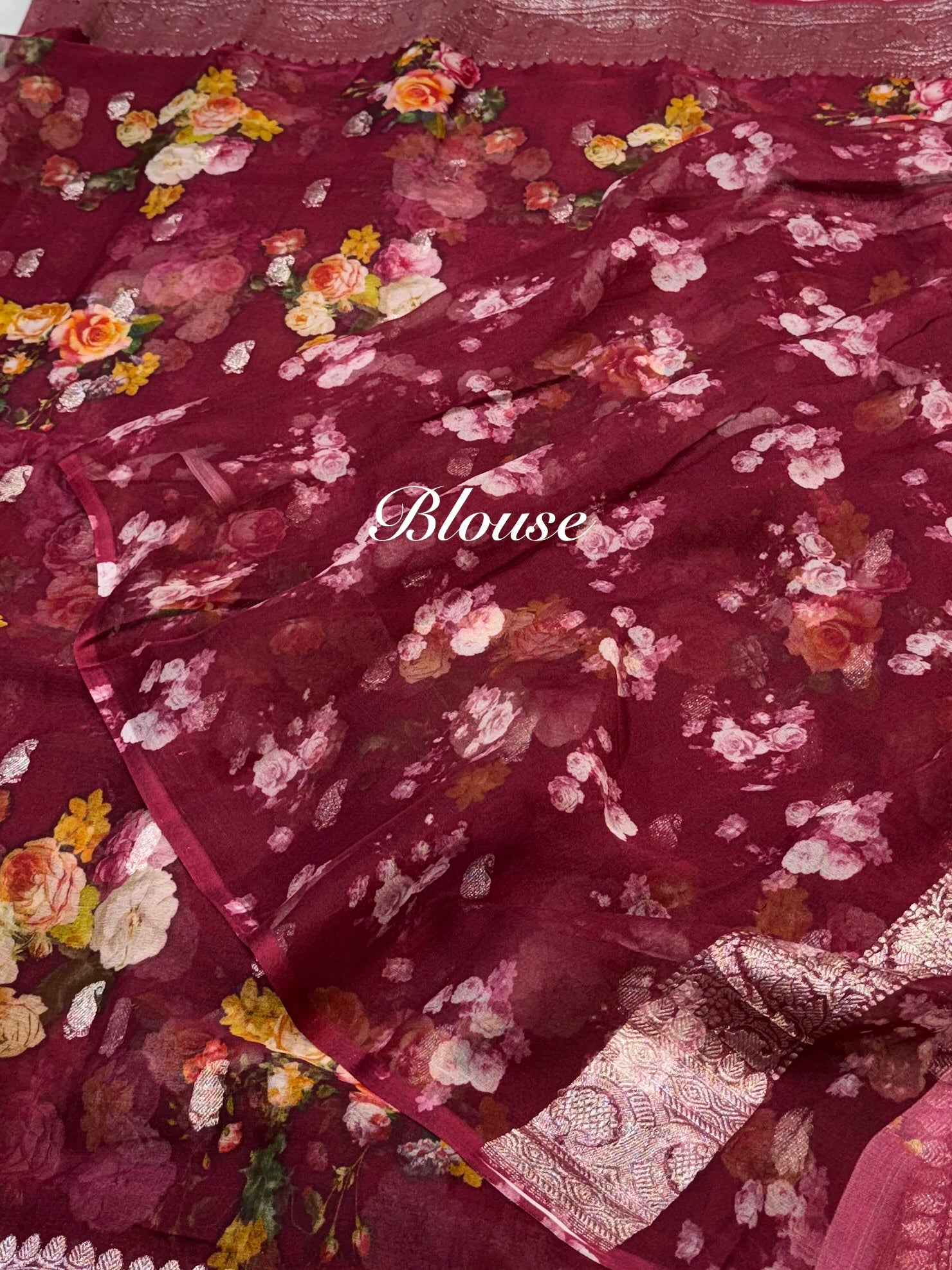 Maroon 100% Pure Khaddi Georgette Silver Zari Digital Print Handloom Saree