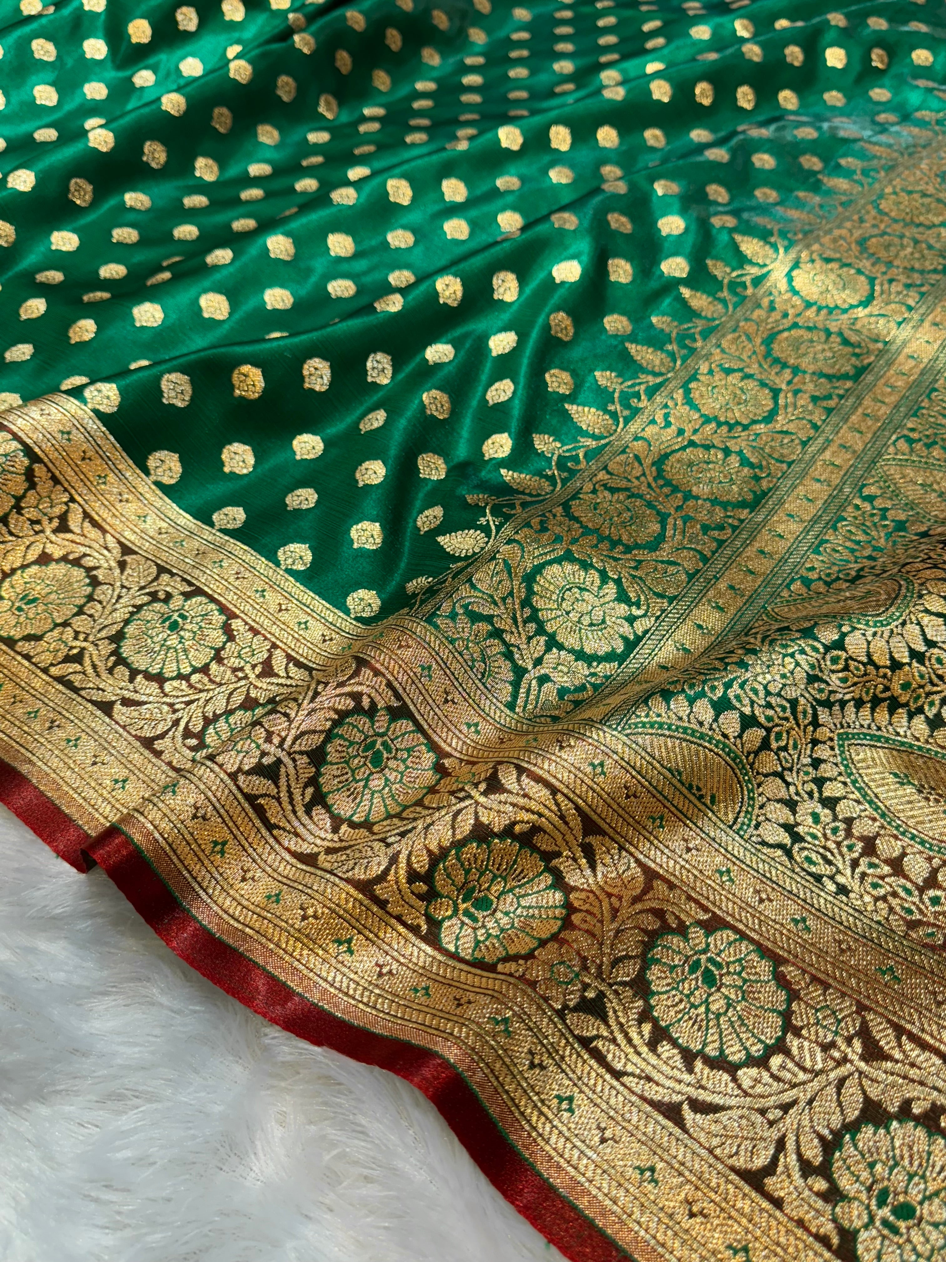 Green Banarasi Mashru Satin Silk Partywear Saree