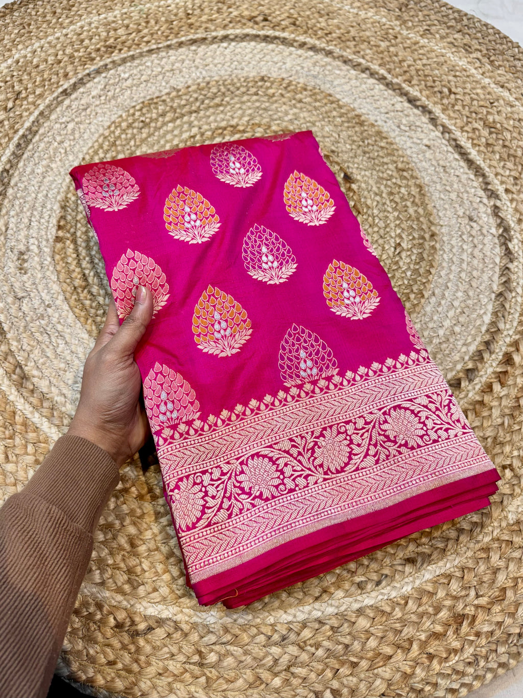 Rani Pink 100% Pure Banarasi Katan Silk Meenakari Saree