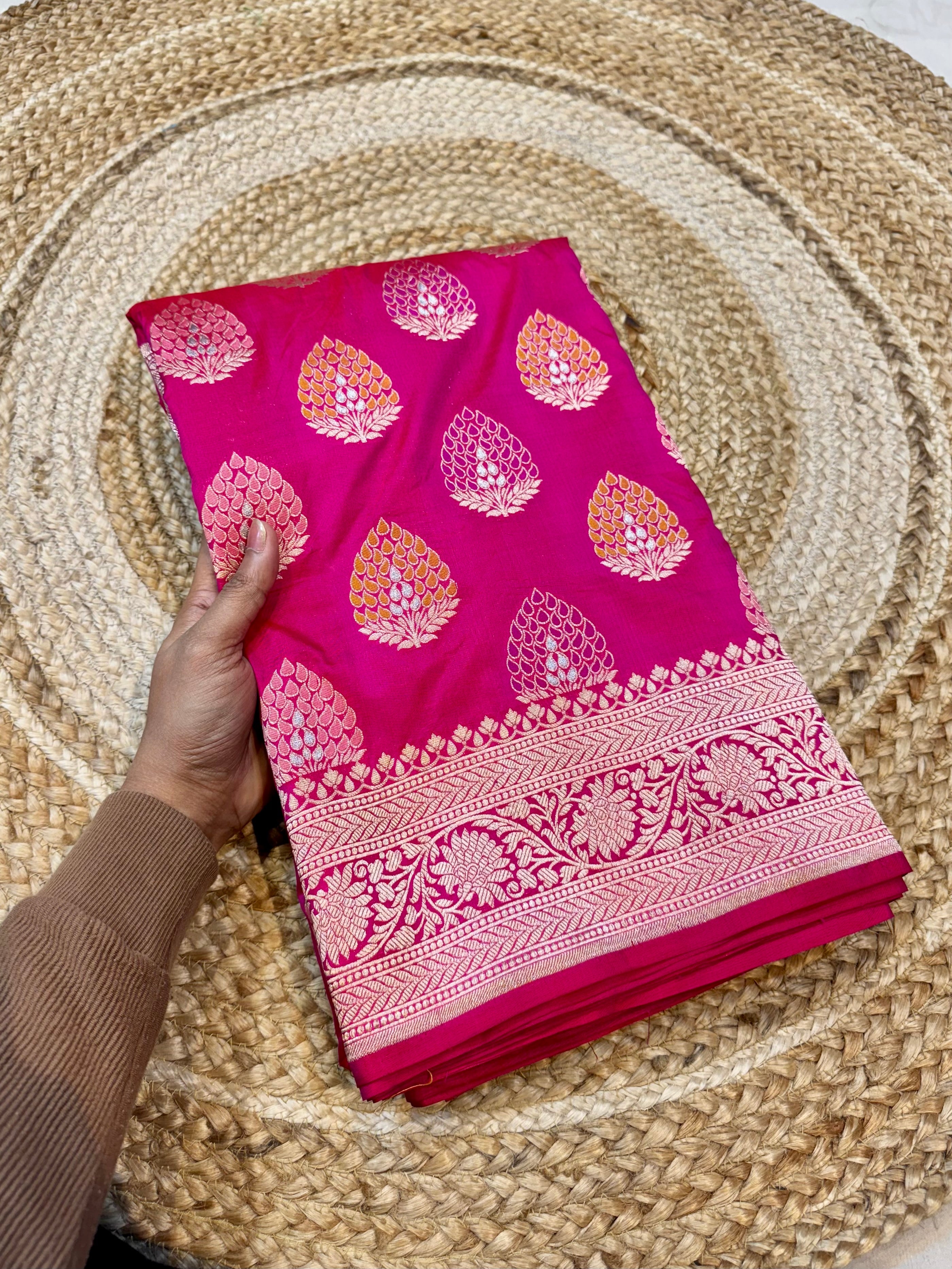 Rani Pink 100% Pure Banarasi Katan Silk Meenakari Saree