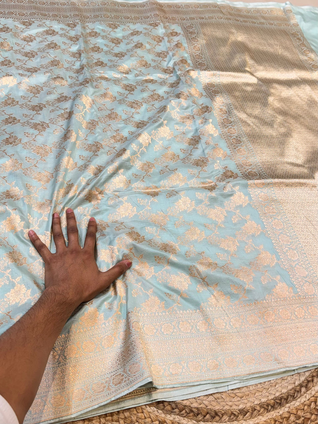 Powder Blue 100% Pure Banarasi Katan Silk Saree