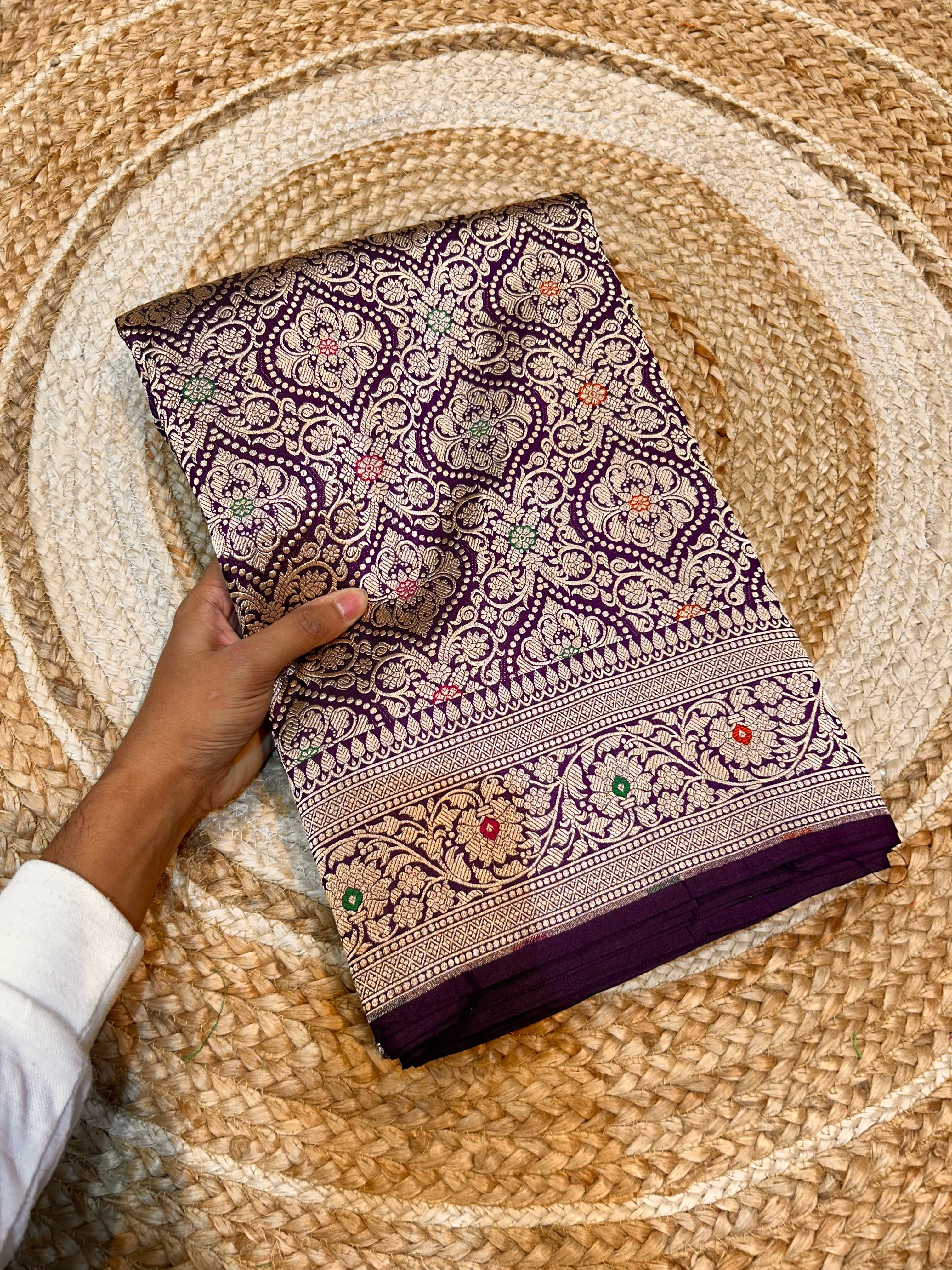 Wine Purple 100% Pure Banarasi Katan Silk Meenakari Brocade Saree