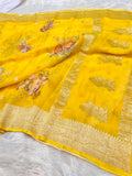 Yellow 100% Pure Khaddi Georgette Silver Zari Digital Print Handloom Saree