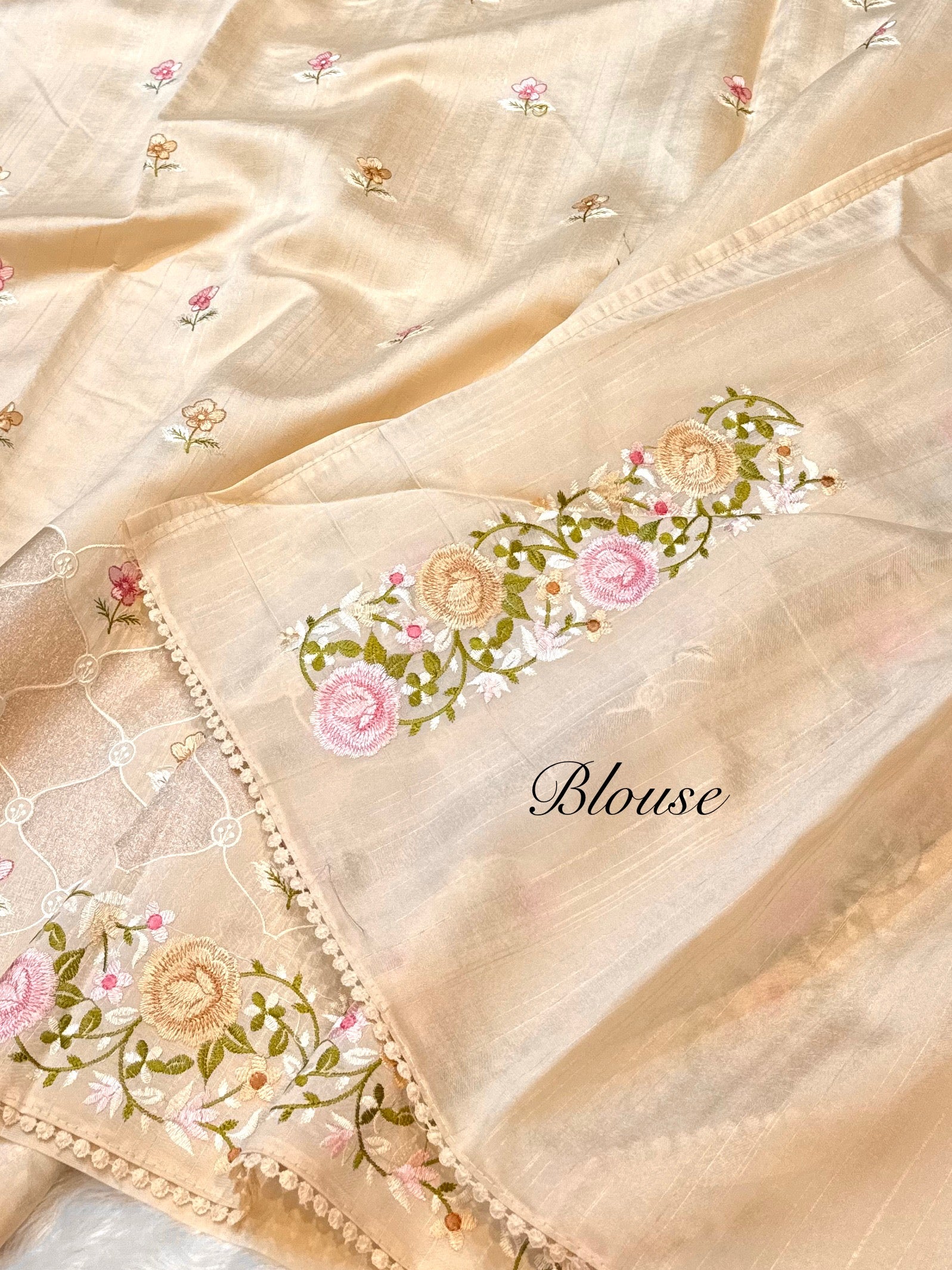 Beige Tussar Silk Partywear Banarasi Embroidery with Tissue Applique Lightweight Sarees
