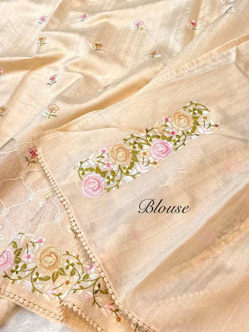 Beige Tussar Silk Partywear Banarasi Embroidery with Tissue Applique Lightweight Sarees