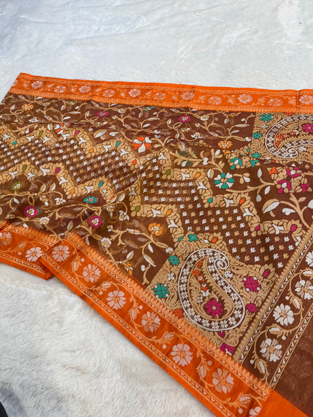 Prebook | Rust Pure Banarasi Ektara Kora Jamdani Saree