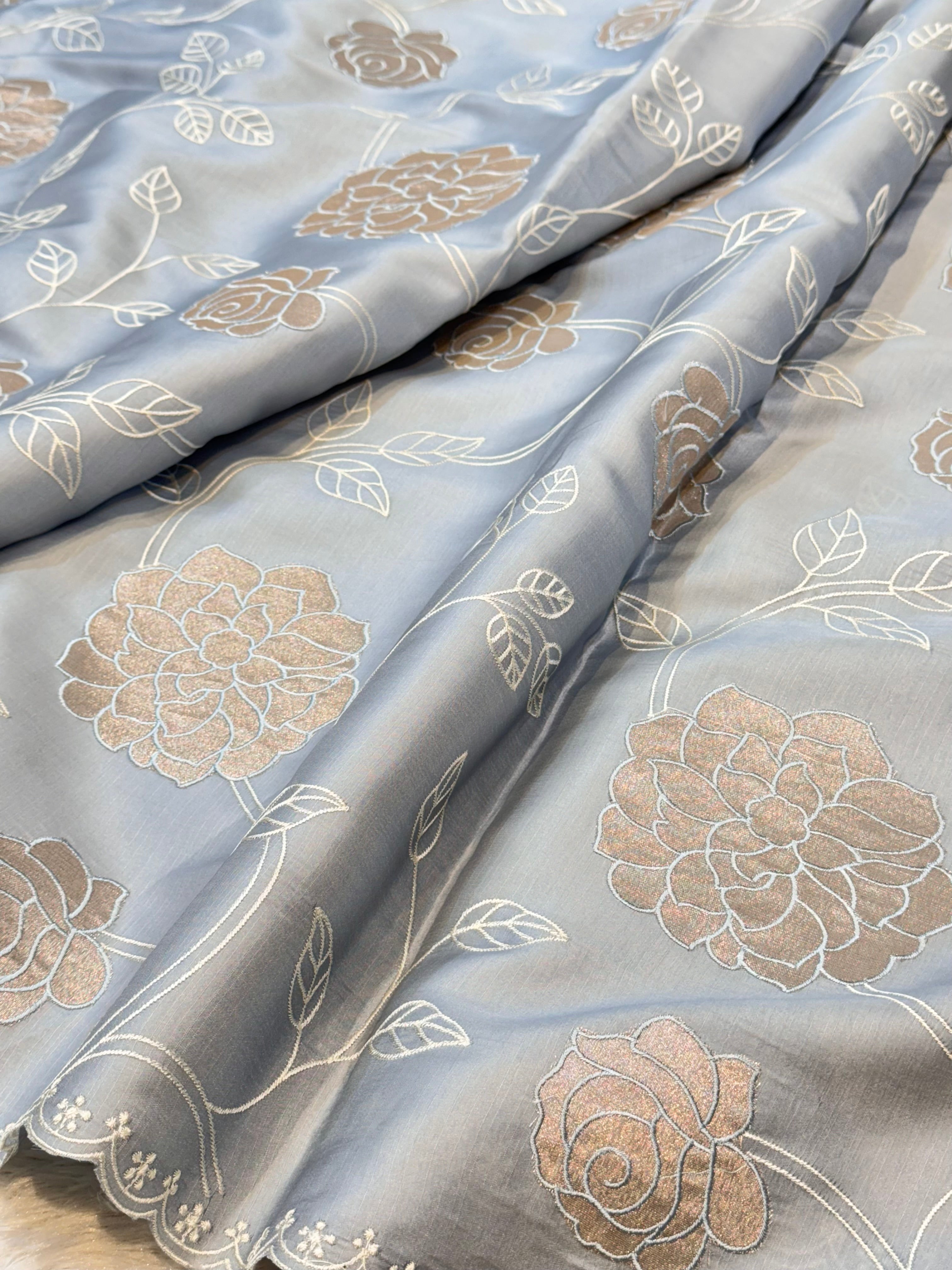 Powder Blue Mango Silk Partywear Banarasi Embroidered Jaal with Tissue Applique Lightweight Sarees