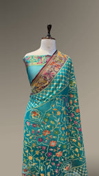 Peacock Green 100% Pure Ektara Banarasi Kora Jamdani Saree