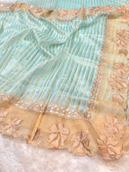 Aqua Blue 100% Pure Handloom Stripes Tissue Silk Partywear Banarasi Embroidery Lightweight Sarees