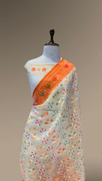 Prebook | Half White 100% Pure Ektara Banarasi Kora Jamdani Saree