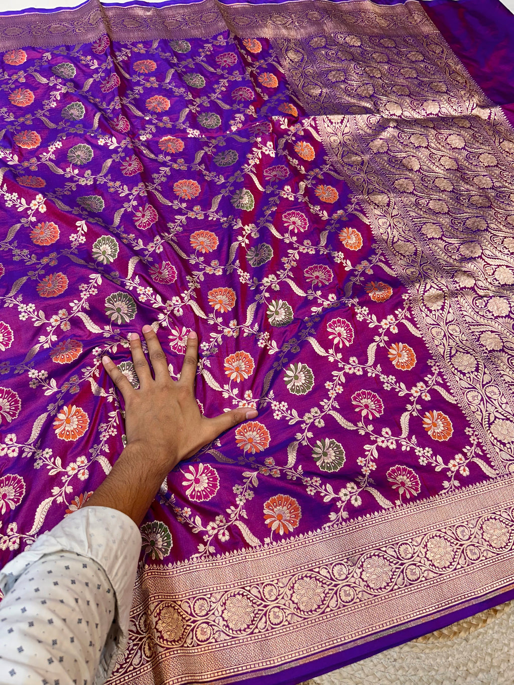 Dual shade Blue-Red 100% Pure Banarasi Katan Silk Meenakari Saree