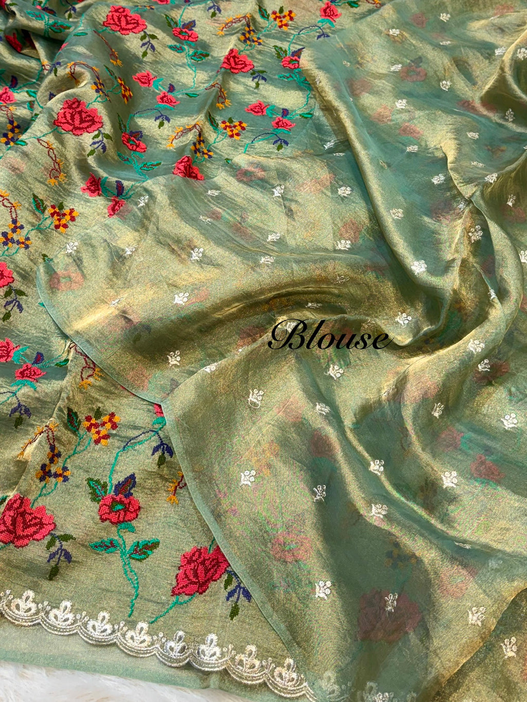Diamond Green 100% Pure Handloom Double Tissue Petit work Partywear Banarasi Sarees