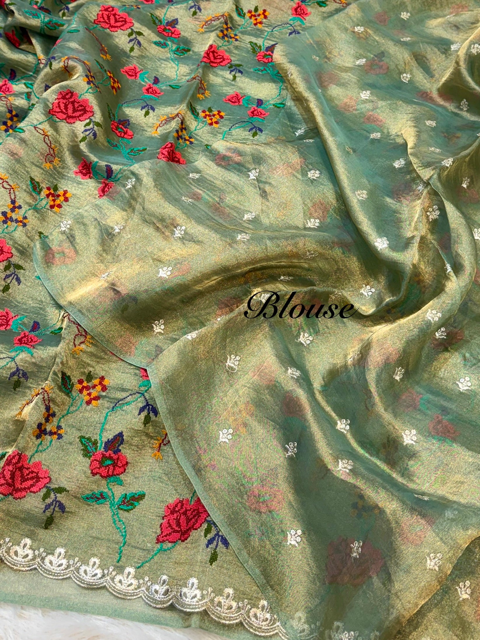 Diamond Green 100% Pure Handloom Double Tissue Petit work Partywear Banarasi Sarees