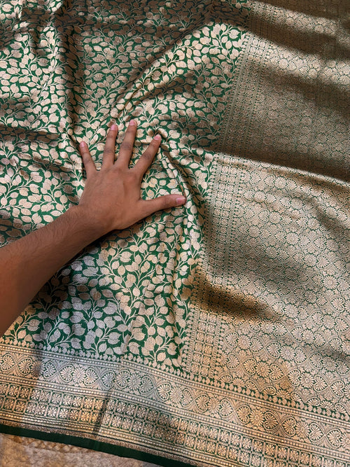 Bottle Green 100% Pure Banarasi Katan Silk Brocade Saree