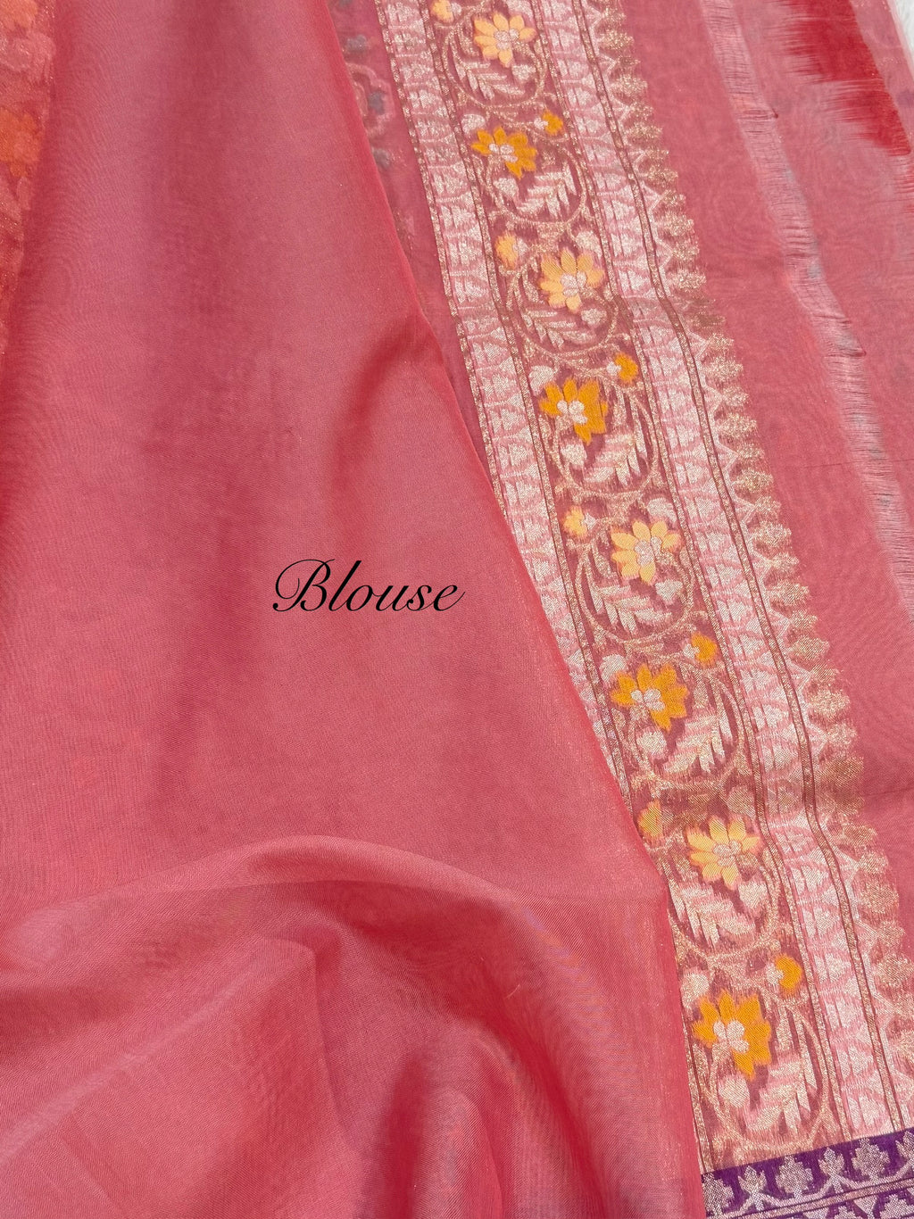 Pastel Peach Pure Handloom Banarasi Ektara Kora Jamdani Saree