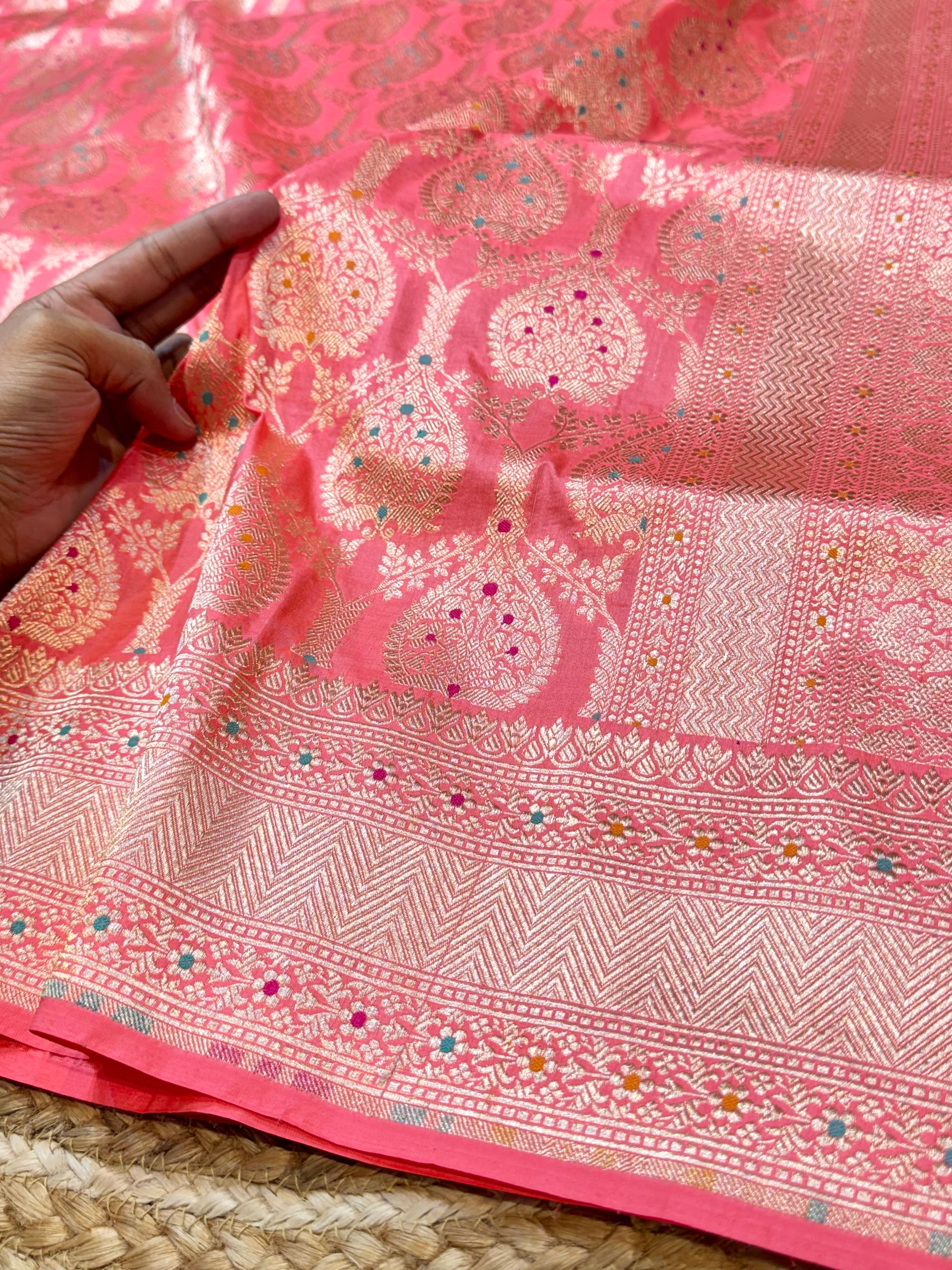 Baby Pink 100% Pure Banarasi Katan Silk Meenakari Saree