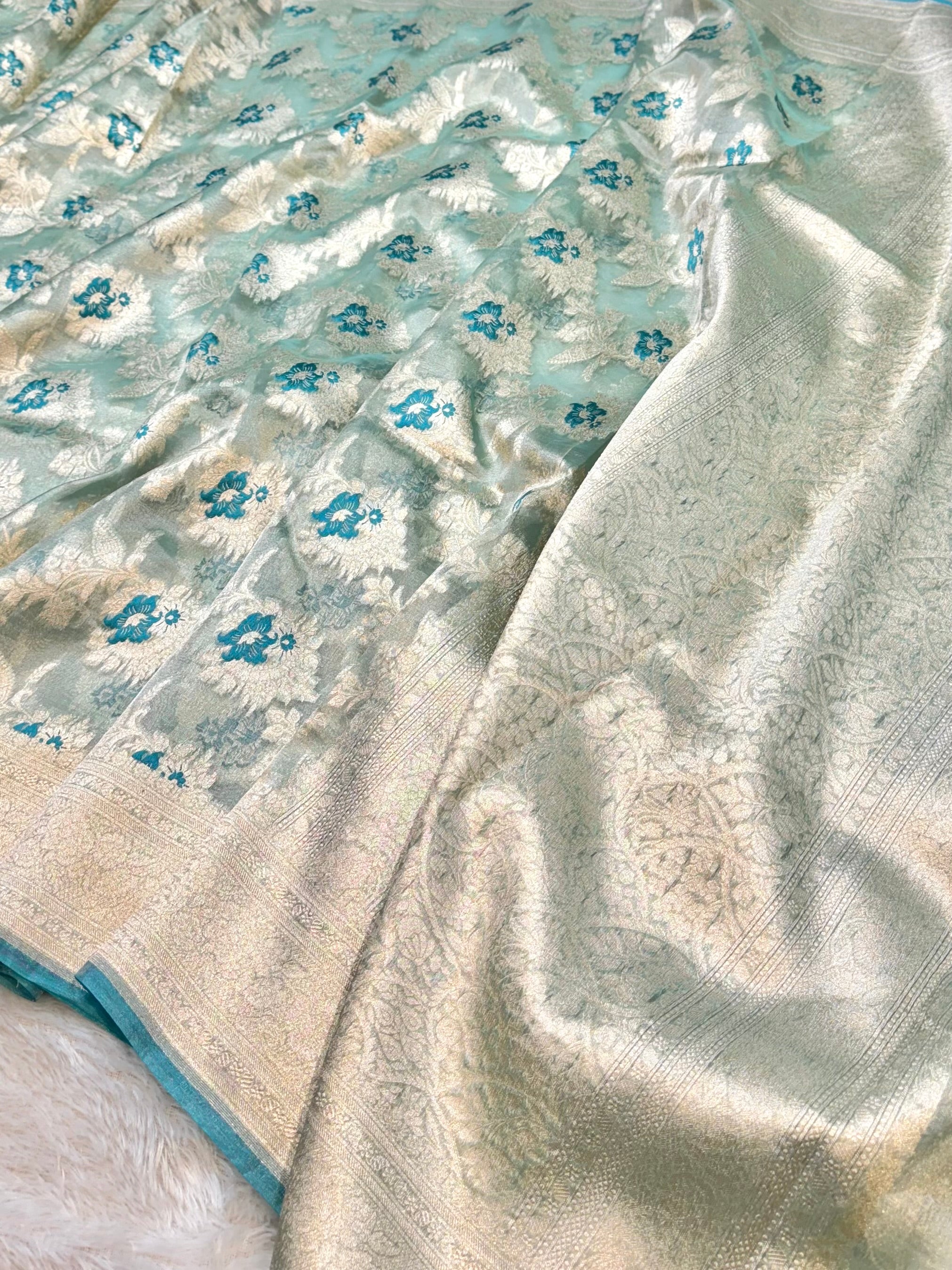 Diamond Blue 100% Pure Tissue Silk Banarasi Partywear Saree