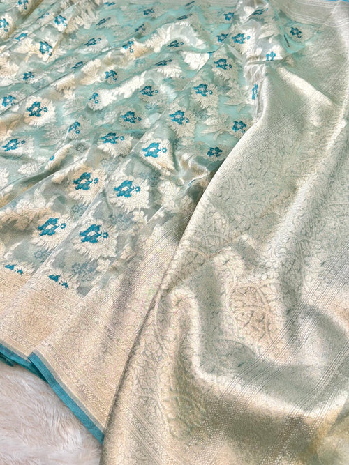 Diamond Blue 100% Pure Tissue Silk Banarasi Partywear Saree