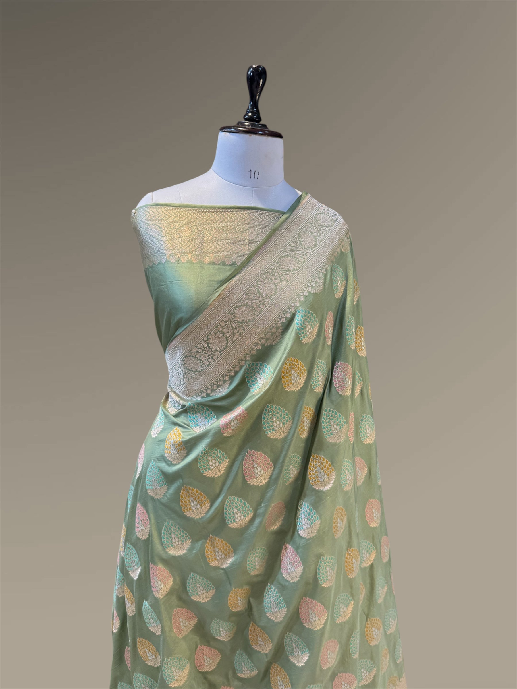 Olive Green 100% Pure Banarasi Katan Silk Tilfi-Meenakari Saree