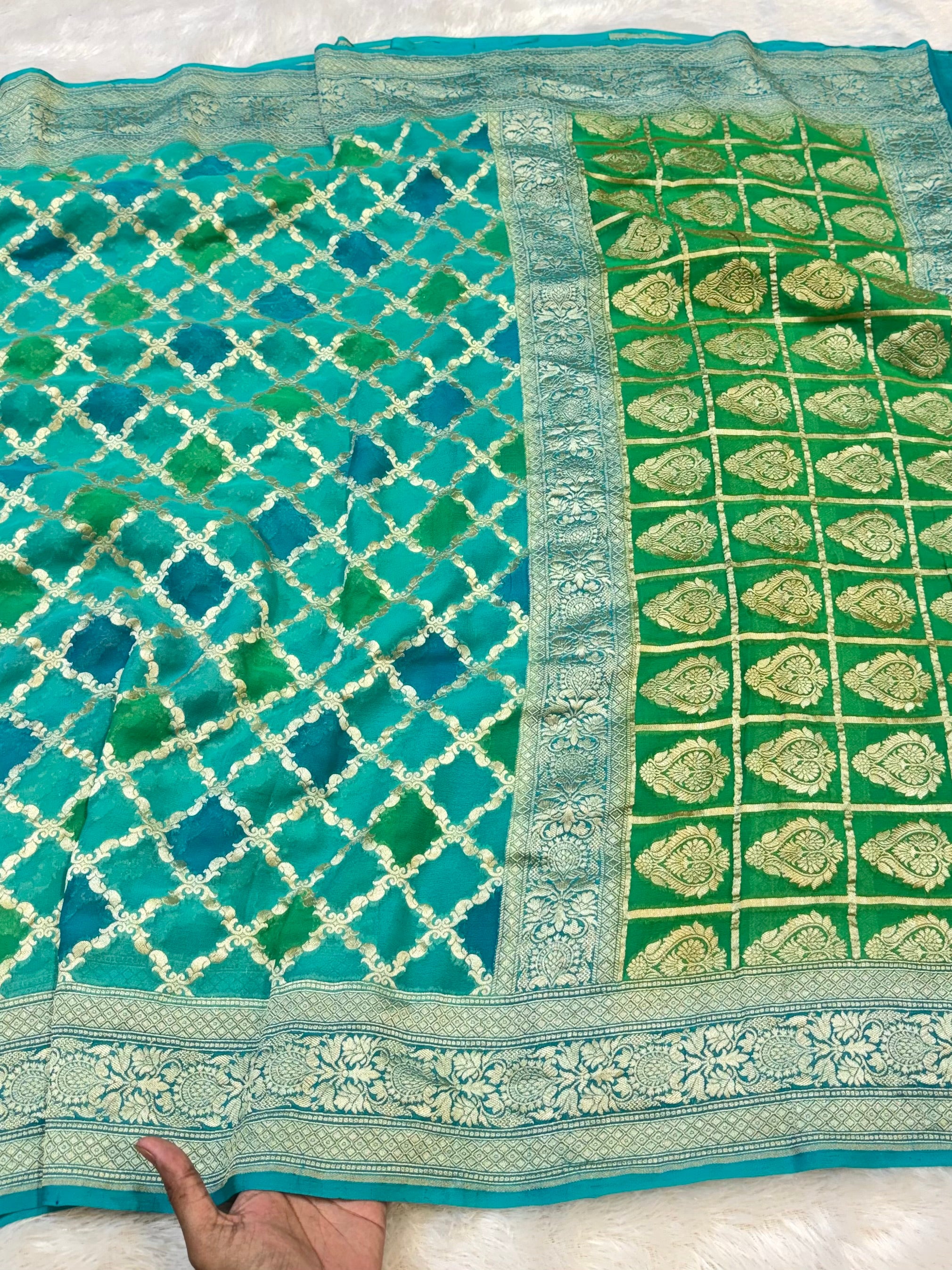 Sea Green 100% Pure Banarasi Khaddi Georgette RANGKAAT Saree