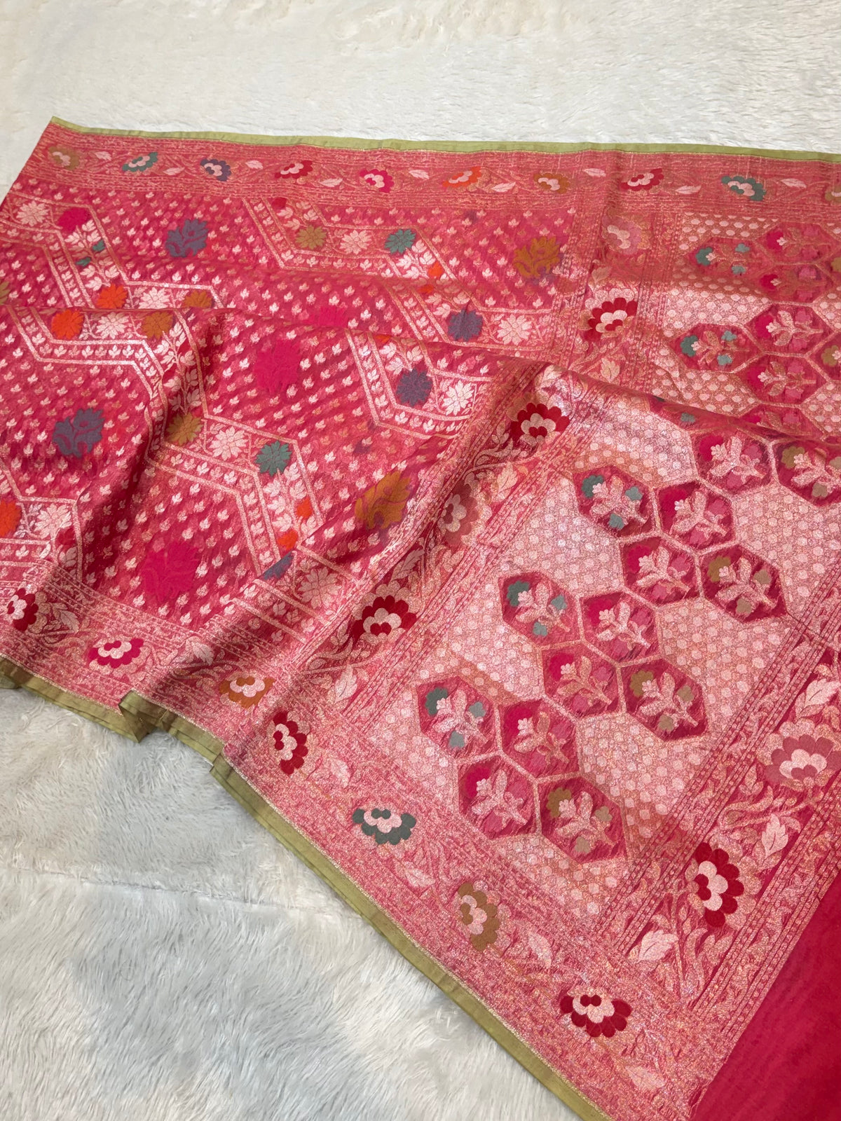 Rose Gold Pink Pure Ektara Banarasi Kora Jamdani Saree