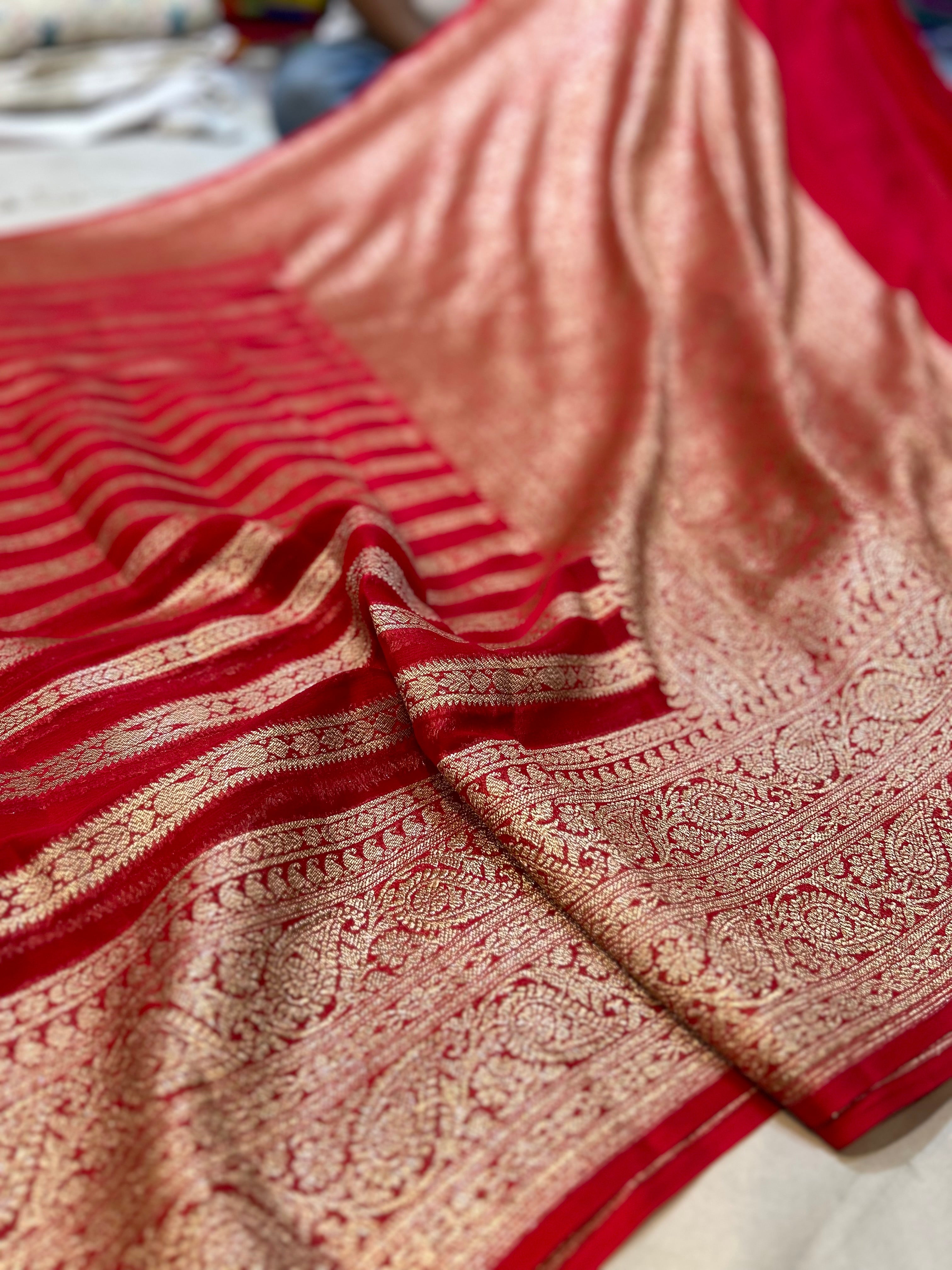 Red 100% Pure Banarasi Khaddi Georgette Stripes Saree