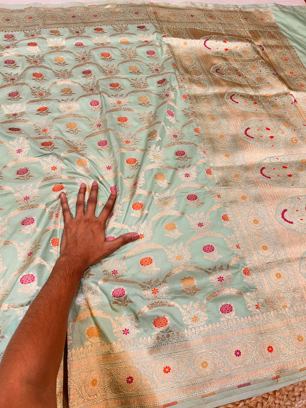 Cyan Blue 100% Pure Banarasi Katan Silk Meenakari Saree