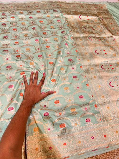 Cyan Blue 100% Pure Banarasi Katan Silk Meenakari Saree