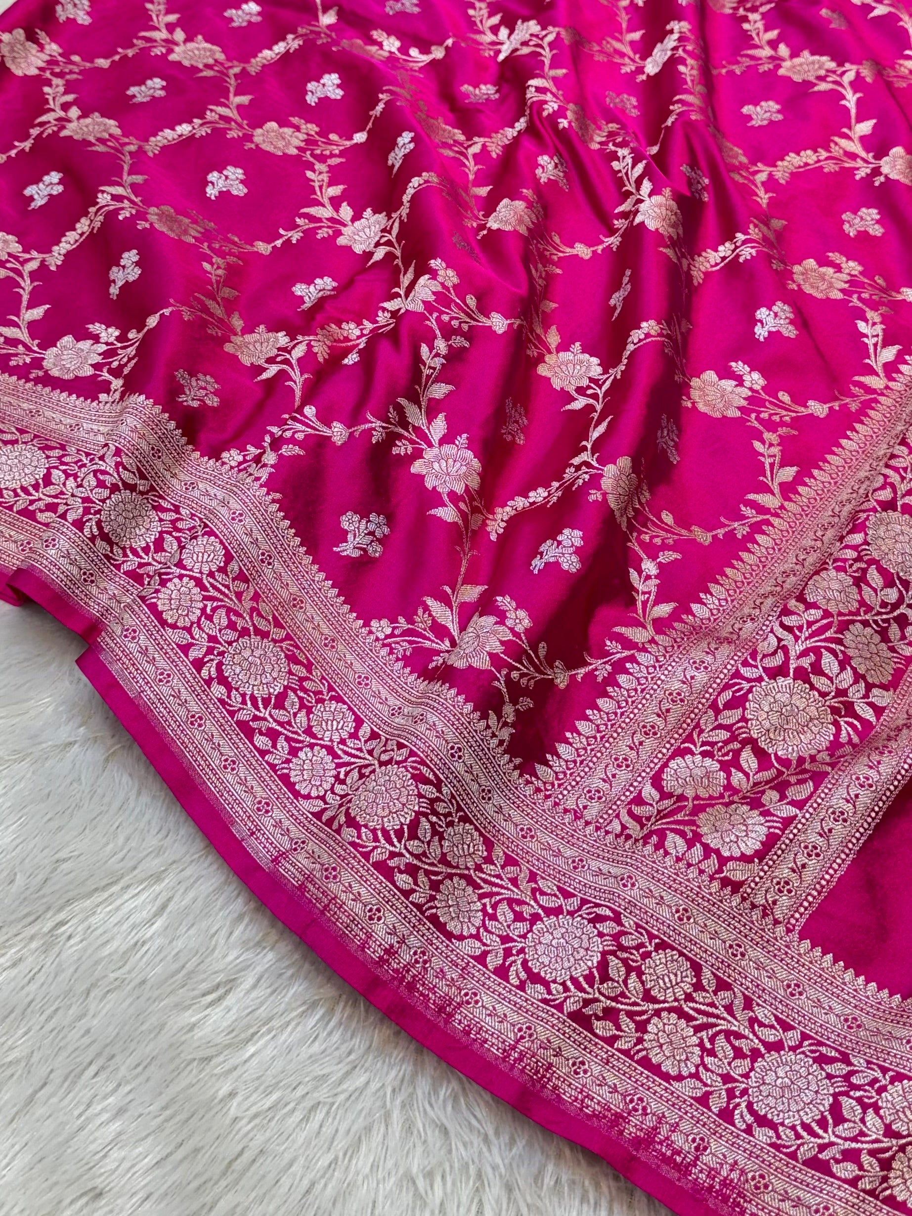 Rani Pink Banarasi Soft Meenakari Mashru Silk Partywear Saree