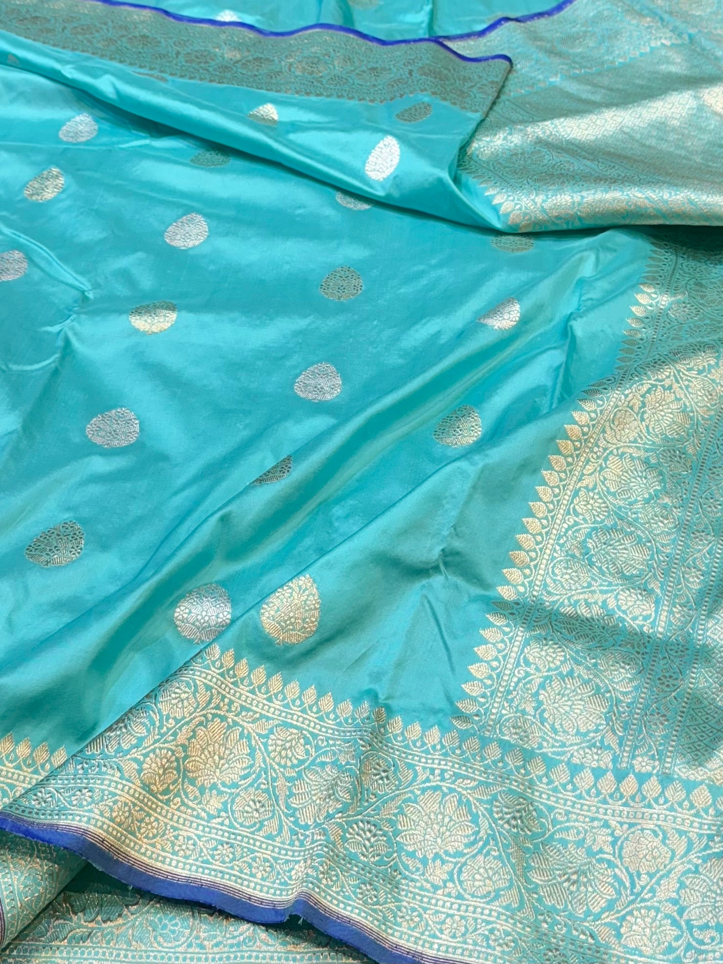 Cyan Blue 100% Pure Banaras Katan Silk Handloom Handwoven Pattu Saree