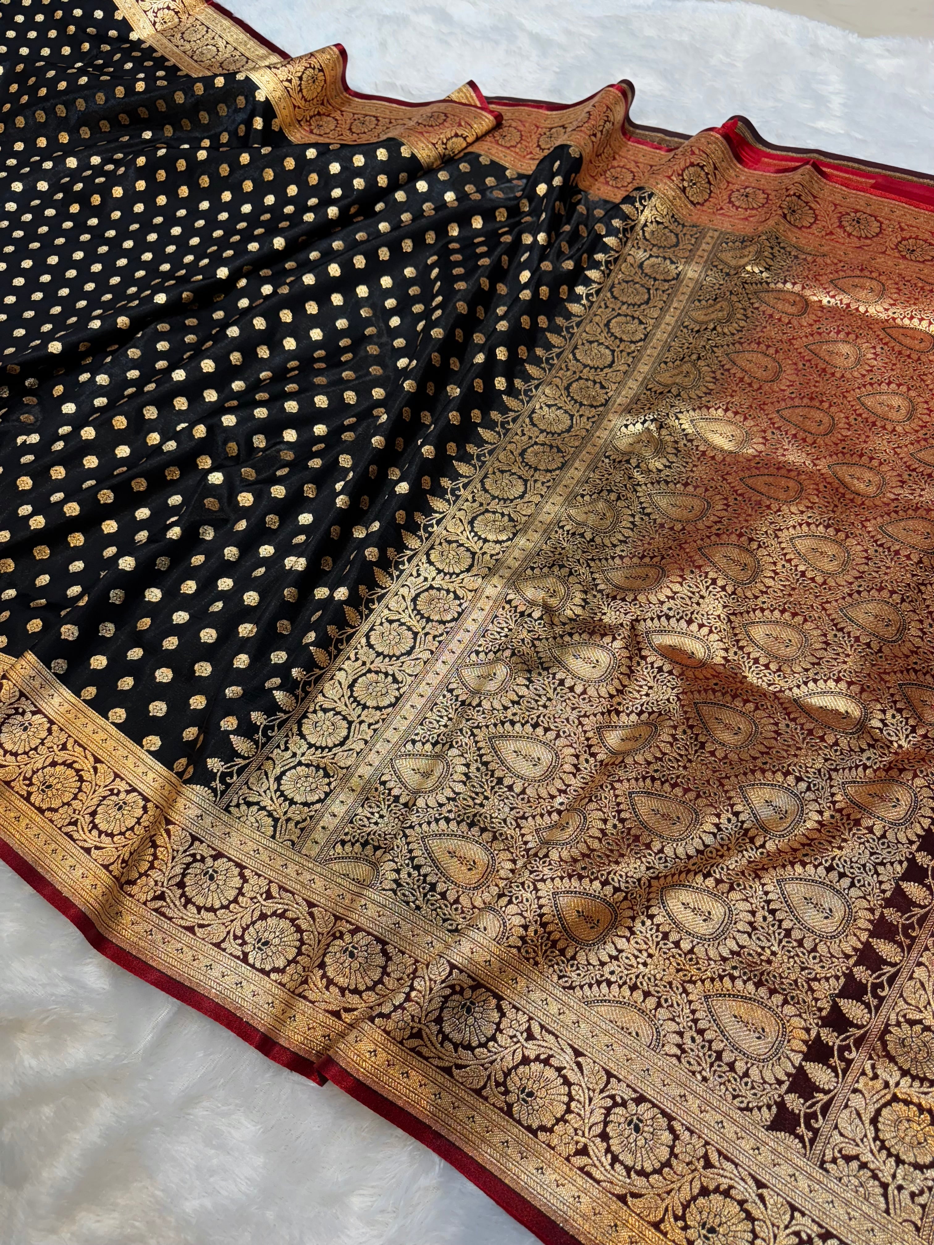 Black Banarasi Mashru Satin Silk Partywear Saree