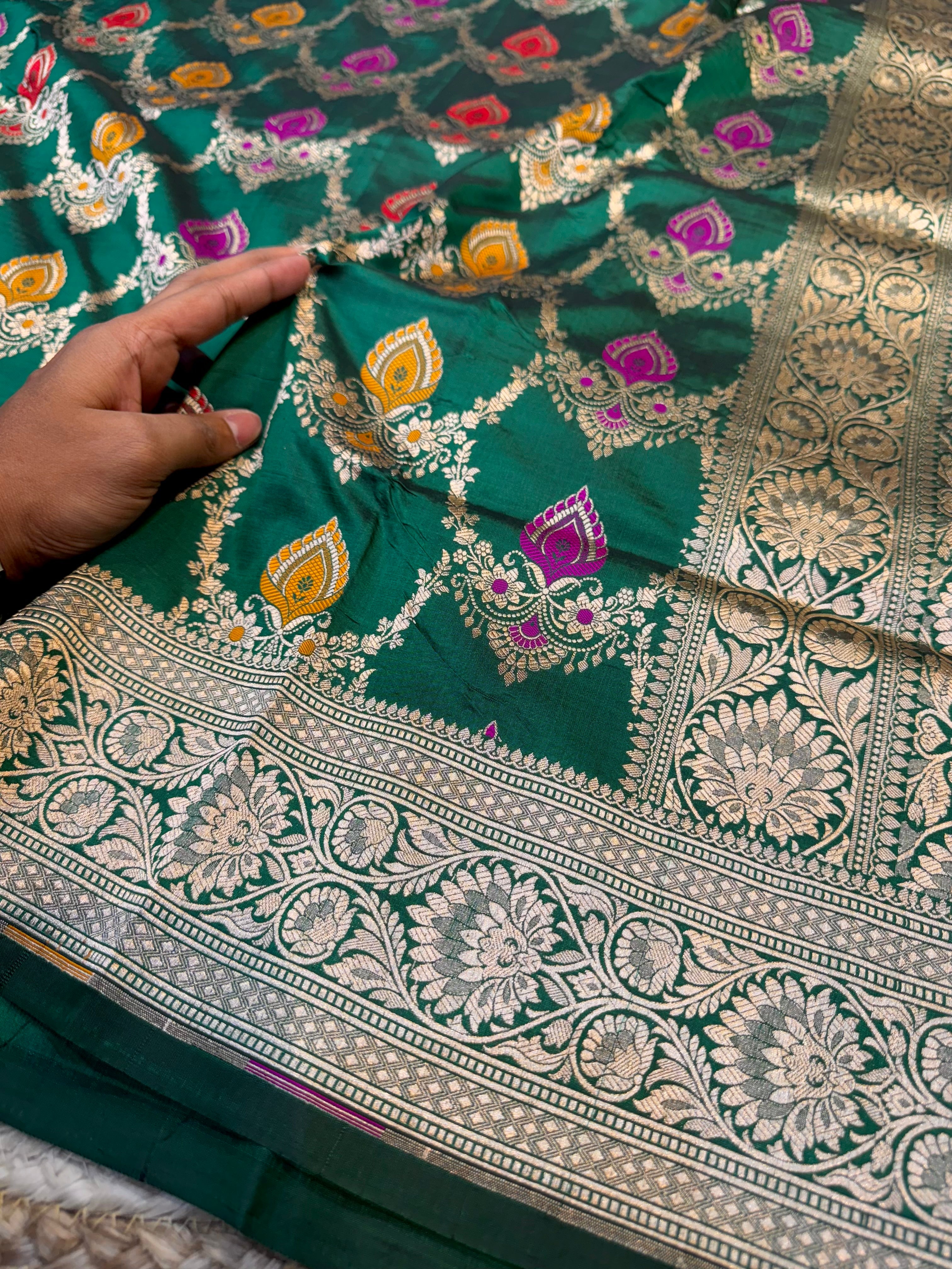 Bottle Green 100% Pure Banarasi Katan Silk Meenakari Saree